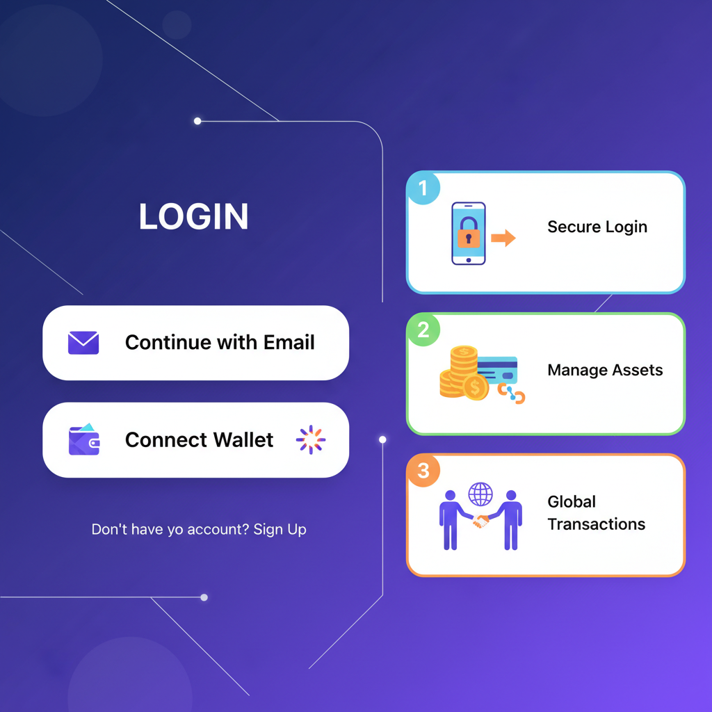 mobile app login screen with email and wallet options, clean futuristic design, Solana logo