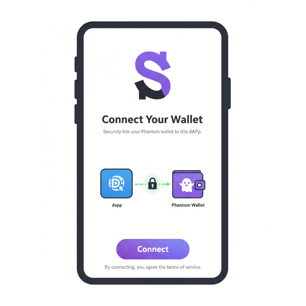 Phantom wallet connection screen on mobile, Solana logo, secure link animation