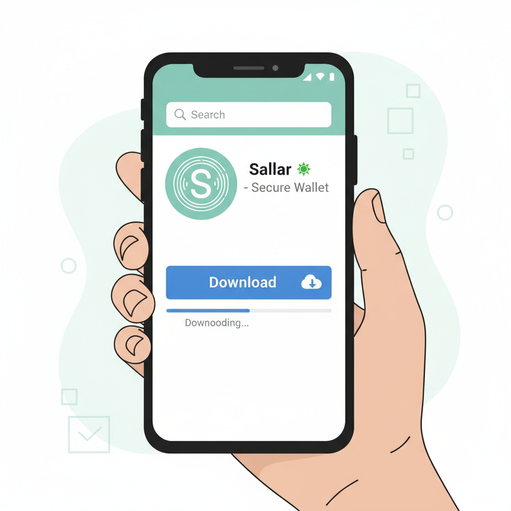 smartphone downloading Sallar app from app store, clean UI, Solana logo