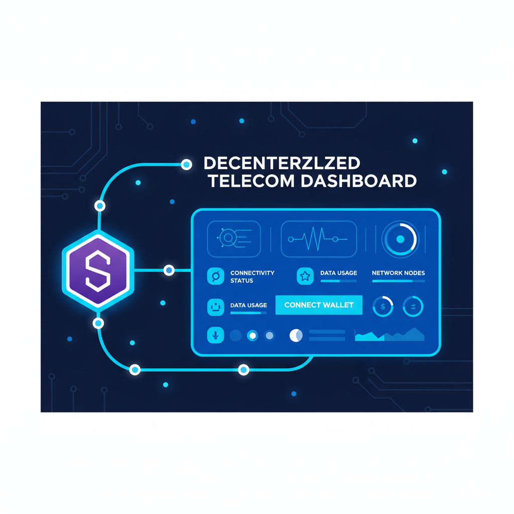 Solana wallet connecting to decentralized telecom dashboard, futuristic UI, neon blues