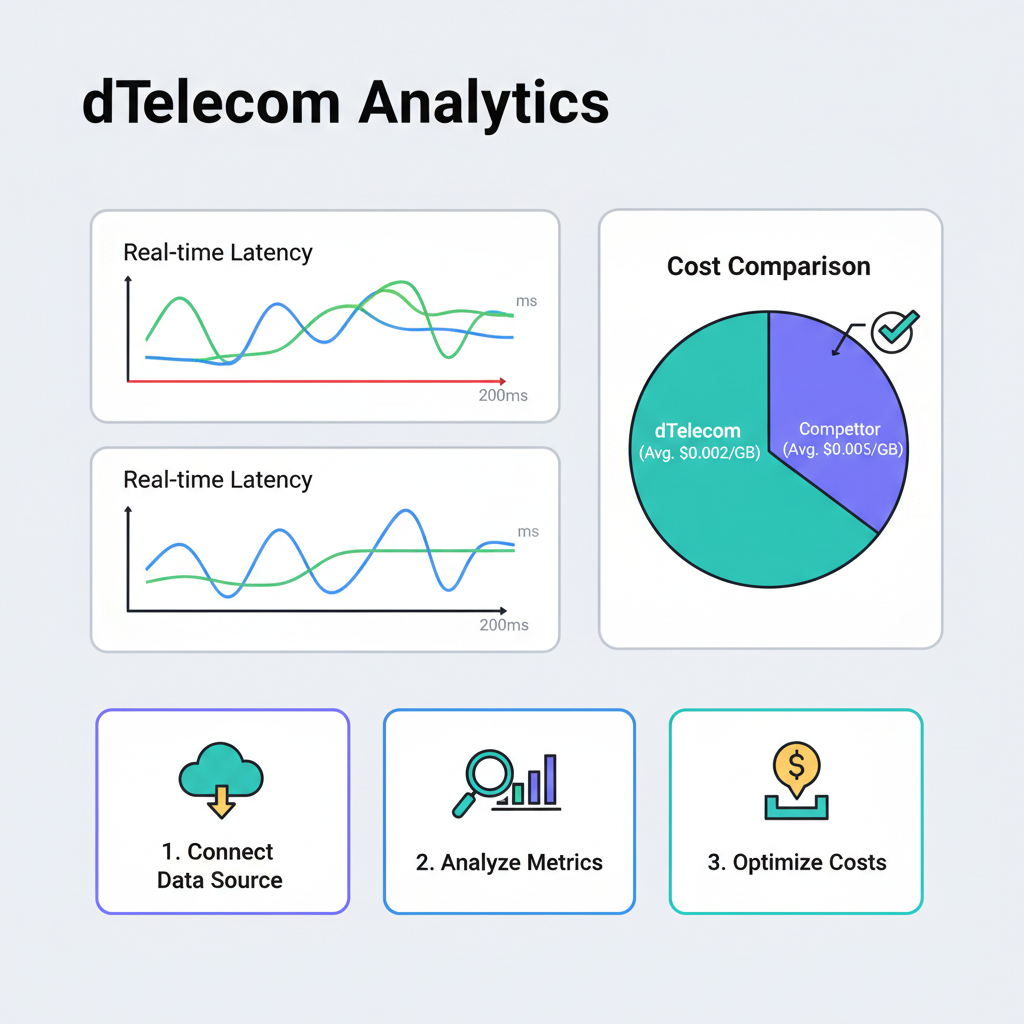 Analytics dashboard with latency graphs under 200ms, cost comparison charts favoring dTelecom