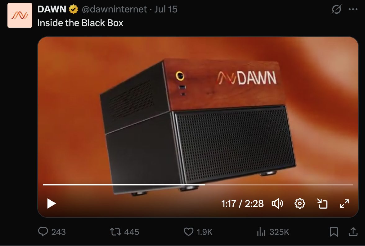 DAWN Black Box router installed in a modern living room representing decentralized community internet sharing via Solana DePIN