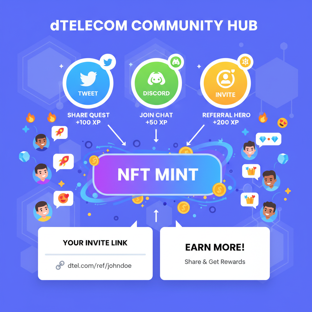 Social quest badges, referral links, and NFT mint button on dTelecom app, community frenzy vibe