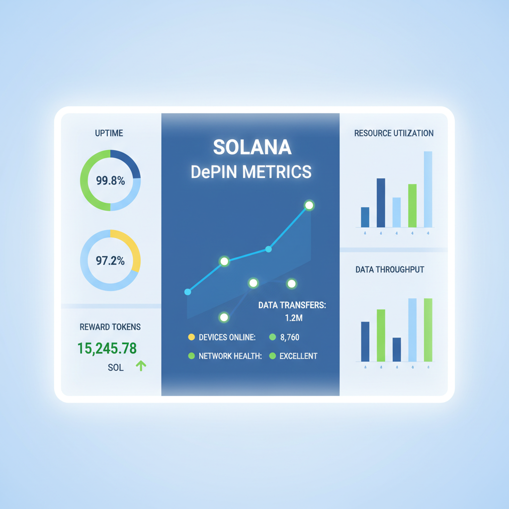 modern analytics dashboard with uptime charts, reward tokens accumulating, solana depin metrics glowing