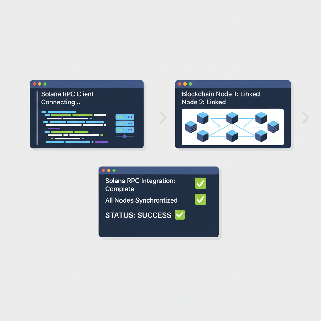 code terminal integrating Solana RPC, blockchain nodes linking, green success checkmarks