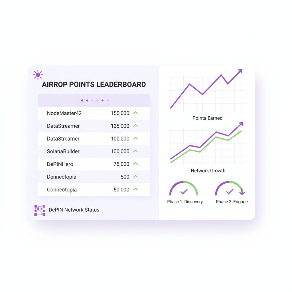 Clean dashboard showing airdrop points leaderboard, Solana DePIN theme, graphs rising