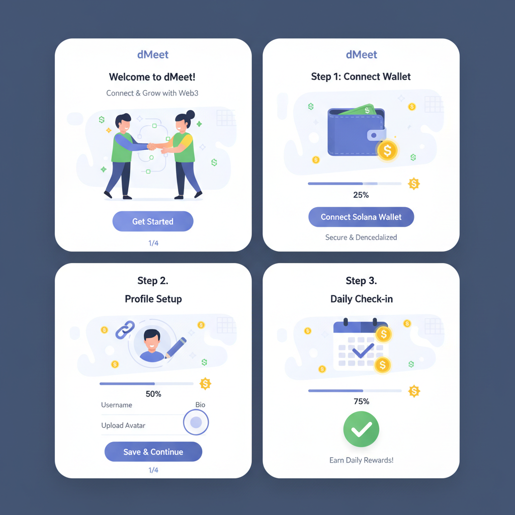 dMeet onboarding screens with check-in button, progress bar, Solana elements