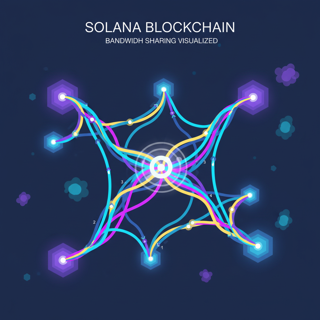 Network nodes sharing bandwidth visualized as glowing streams on Solana blockchain map