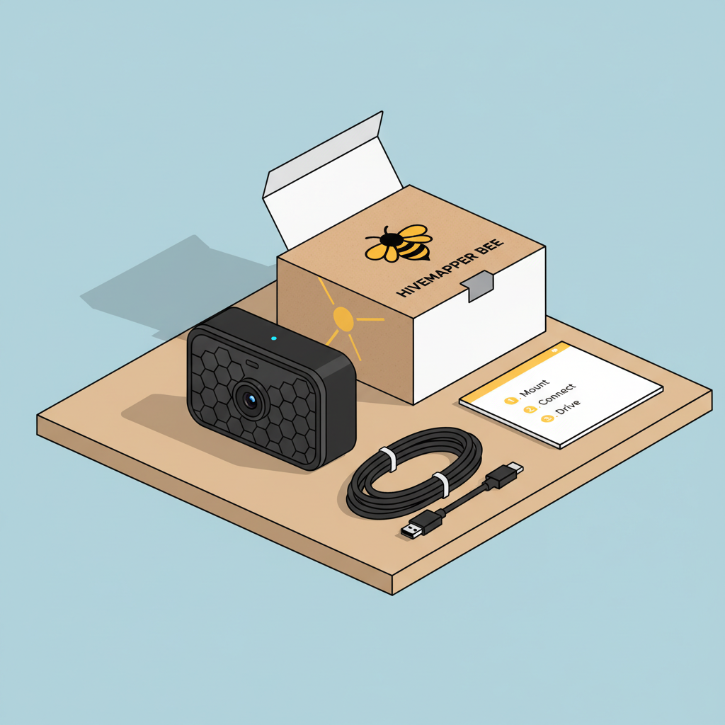 Hivemapper Bee dashcam unboxed on table, sleek black device, cables nearby