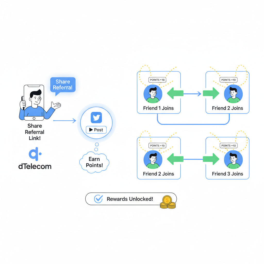 Person sharing referral link on social media, friends joining dTelecom, chain reaction of points icons, modern illustrative style