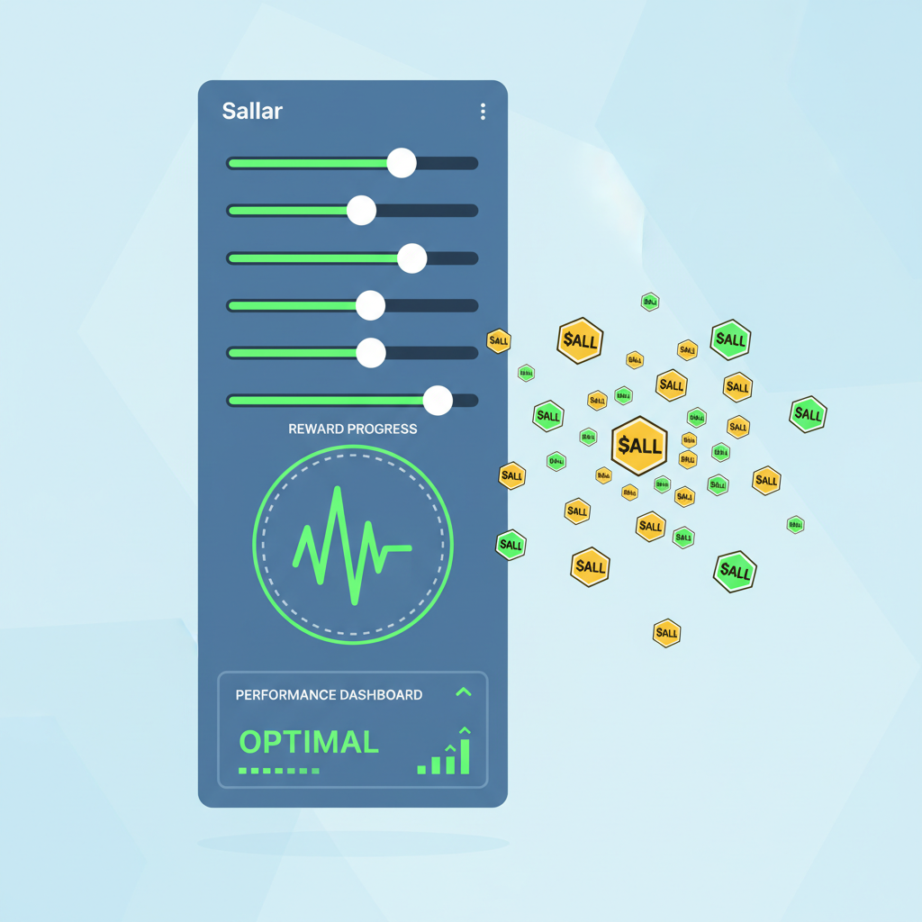 Sallar app settings menu optimized sliders maxed out, reward graph spiking up, $ALL token icons multiplying, performance dashboard glowing green