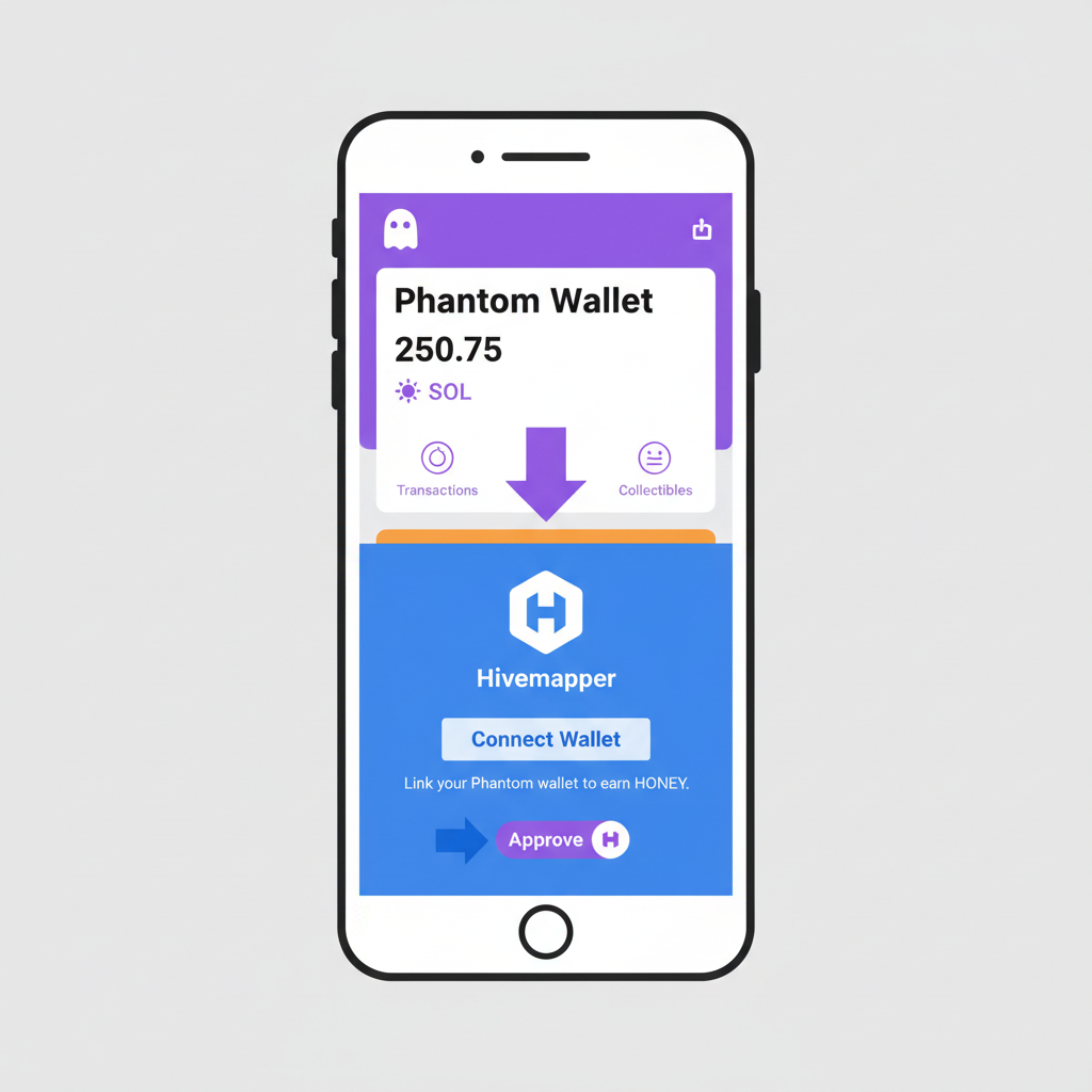 Phantom wallet app on phone linking to Hivemapper, Solana logo, clean interface screenshot