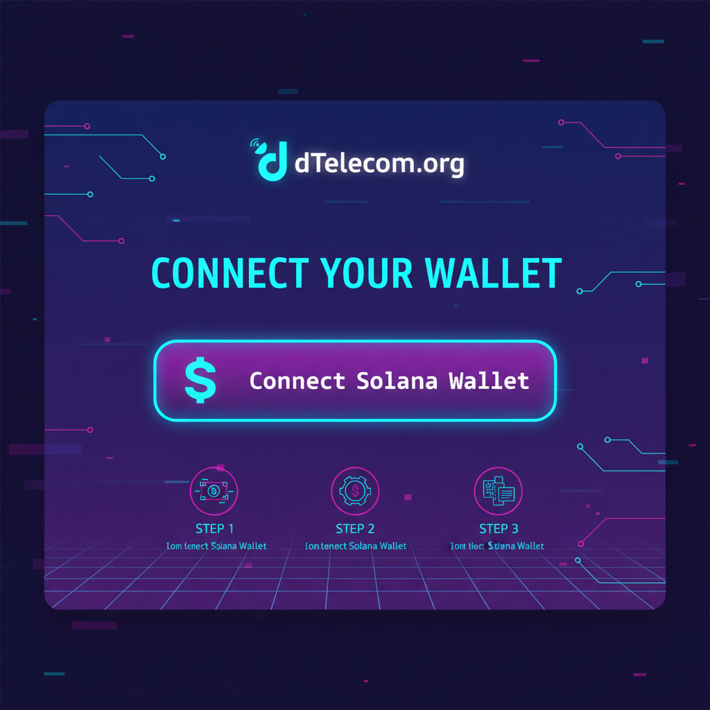 Futuristic website interface showing Solana wallet connection button on dTelecom.org homepage, neon blue Solana logo, cyberpunk style