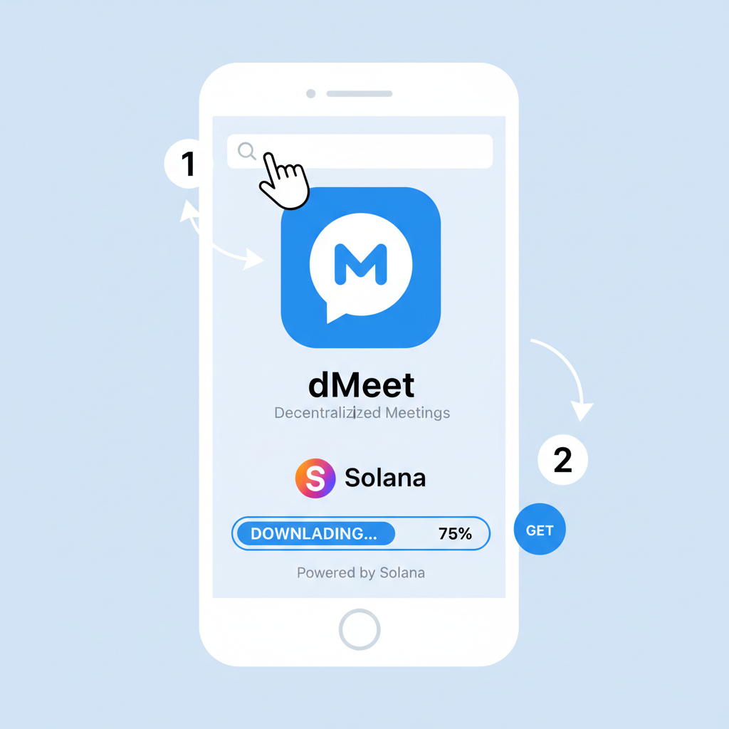 smartphone downloading dMeet app from app store, Solana logo, clean UI