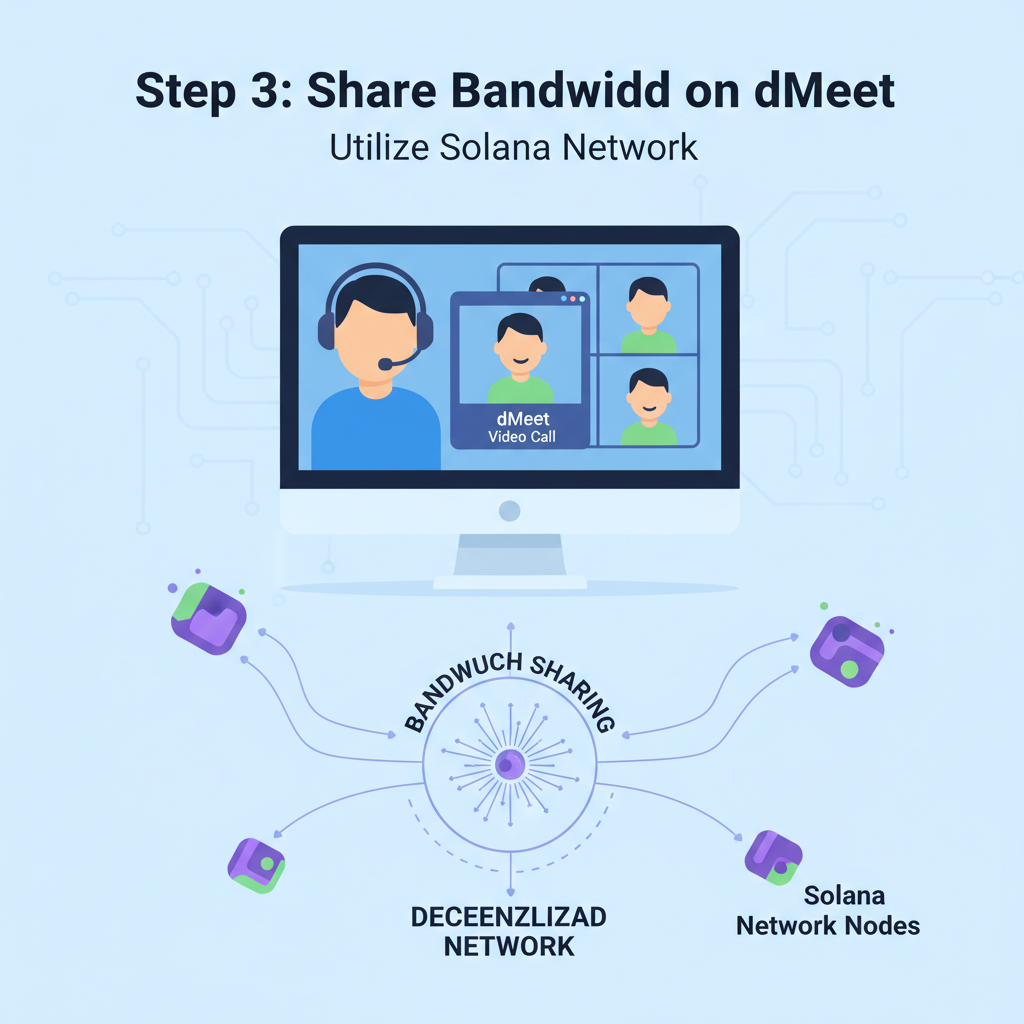User hosting video call in dMeet, bandwidth sharing visualization, Solana network nodes glowing