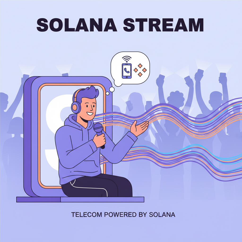 Livestreamer broadcasting to audience, Solana-powered telecom streams, dynamic energy