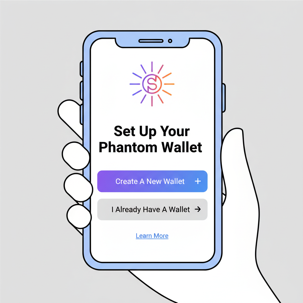 Phantom wallet app on smartphone, Solana logo prominent, setup screen