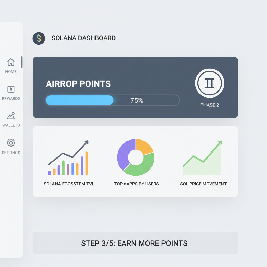 Dashboard screenshot showing airdrop points progress bar filling up, Phase 2 badge, Solana ecosystem charts, clean UI render
